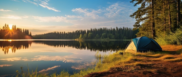 Foto camping tent aan de oever van een meer bij zonsondergang
