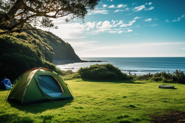 写真 海の景色を背景にした緑の草の上でのキャンプテントとキャンプ設備