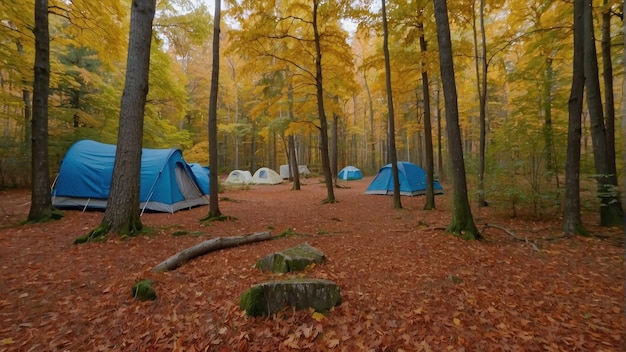 Camping tent in autumn forest