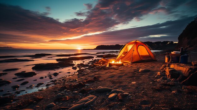 Camping Tent on the Beach at Sunset