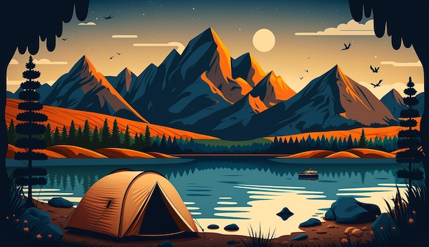 A camping tent by the lake with mountains in the background.