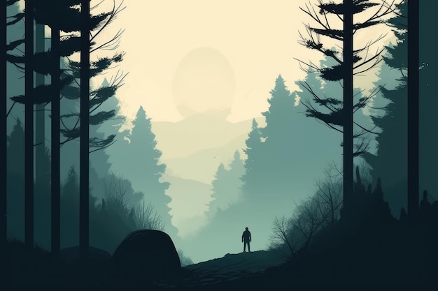 Camping tent camper and forest landscape in a minimalist illustration Soft and muted colors