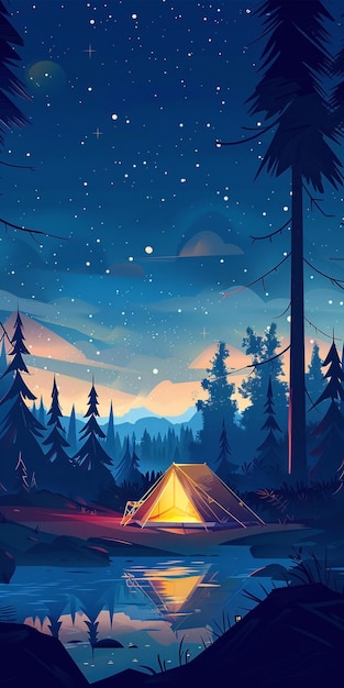 Camping tent campfire illustration background camping adventure outdoor park lake nature landscape