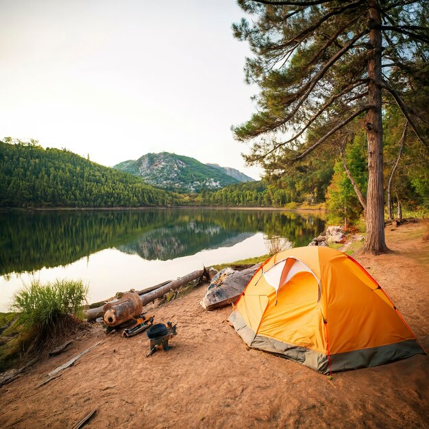 Camping tent in campground at national park Tourists camped in the woods on the shore of the lake