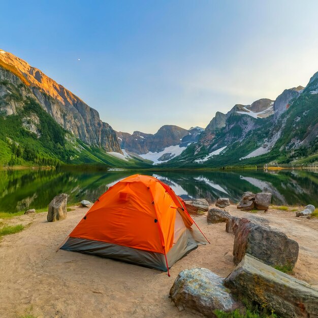 Camping tent in campground at national park Tourists camped in the woods on the shore of the lake