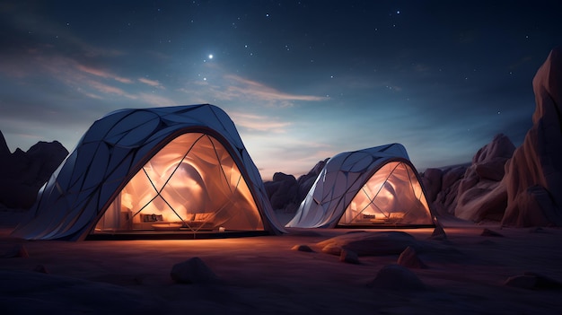 밤 에 사막 에서 캠핑 텐트