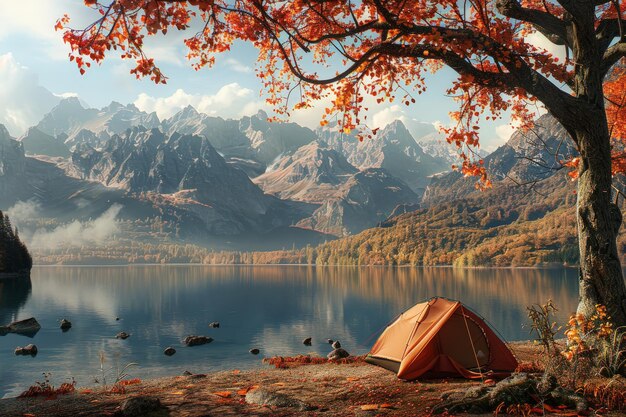 Camping tent in the emerald forest near the lake Hiking