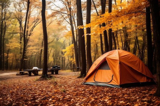 秋の森の中でのキャンプとテント
