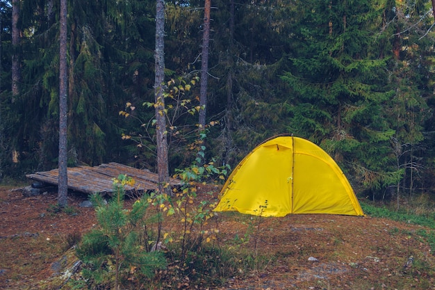 Camping tent in forest. Tourism concept, outdoors leisure. Life in a tent. Russia, Karelia.