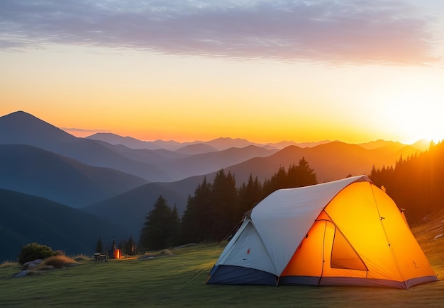 夕暮れの時山の上でテントを張る