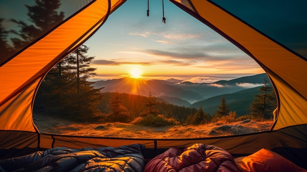 Camping tent in de bergen bij zonsondergang