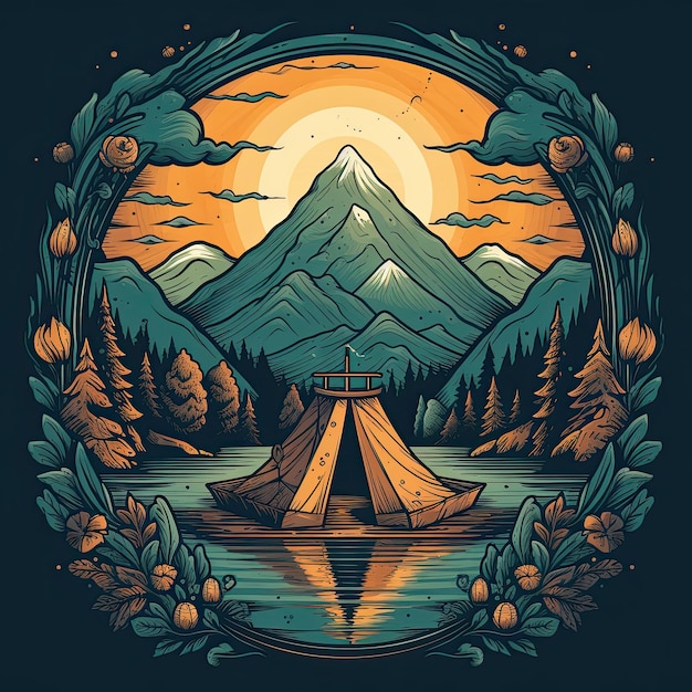 Camping tent in de bergen Vector hand getekende illustratie Tshirt afdrukontwerp