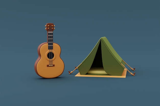 Camping tent met gitaar geïsoleerd op blauwe achtergrond voor zomerkamp, vakantie vakantie concept.minimal style.3d rendering.