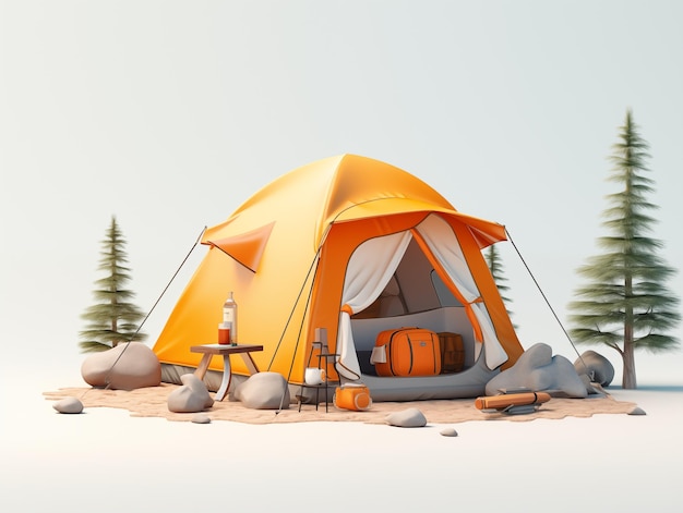 Foto camping tent met reisuitrusting 3d-illustratie