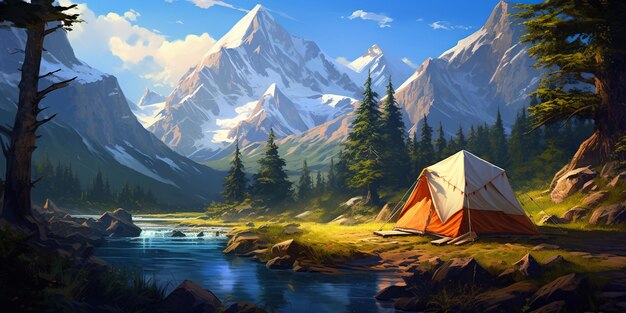 camping in tent on a mountain stream