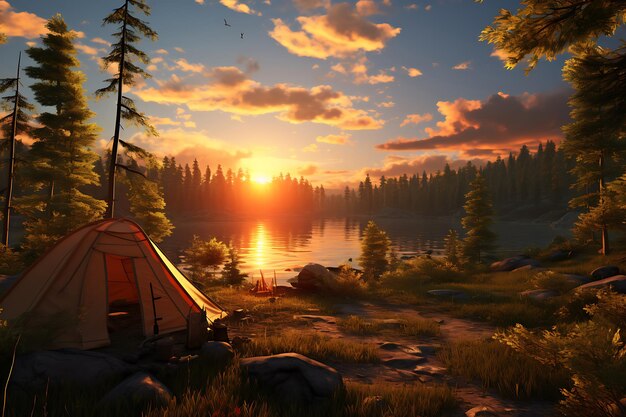 Camping tent in the mountains at sunset Travel and adventure concept