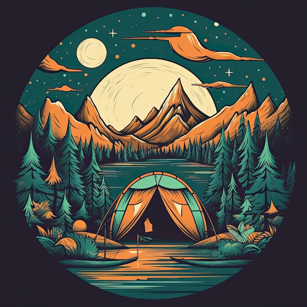 Camping tent in the mountains Vector hand drawn illustration Tshirt print design