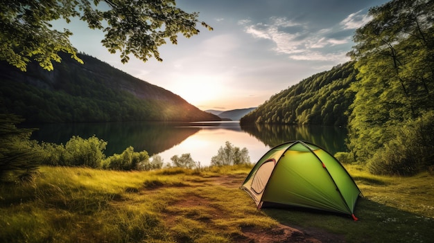 A camping tent in a nature hiking spot Relaxing in mountain next to lake river