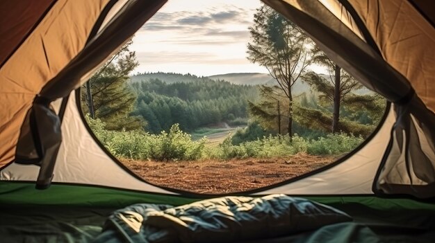 A camping tent in a nature hiking spot view from inside the tent