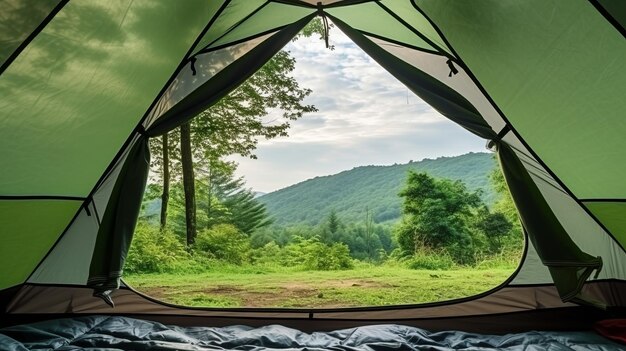 A camping tent in a nature hiking spot view from inside the tent
