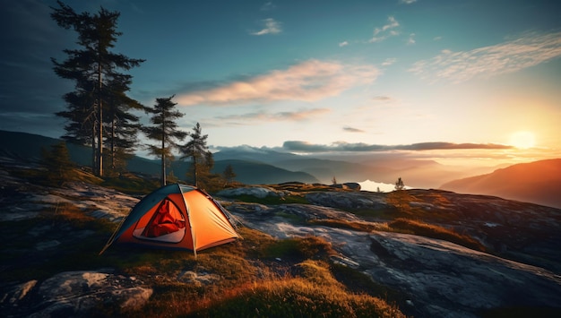 A camping tent in a nature hiking spot with view over the landscape with nature and a lake sunset