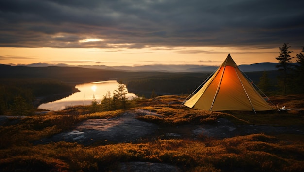 A camping tent in a nature hiking spot with view over the landscape with nature and a lake sunset