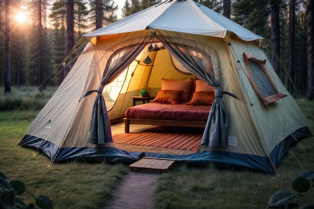 Camping tent reizen ontspannen rust tent opzetten in het bos