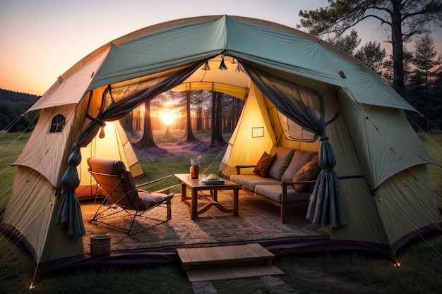 Camping tent reizen ontspannen rust tent opzetten in het bos