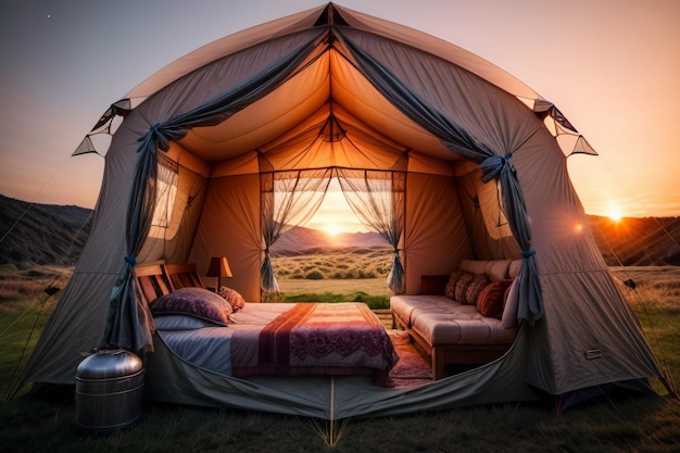 Camping tent reizen ontspannen rust tent opzetten in het bos