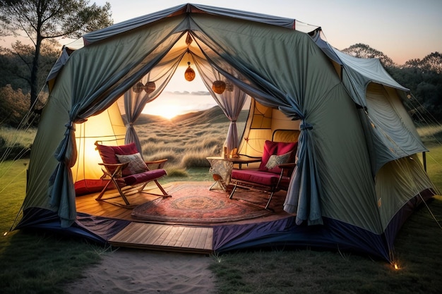 Camping tent reizen ontspannen rust tent opzetten in het bos