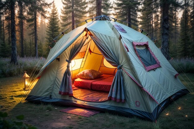 Camping tent reizen ontspannen rust tent opzetten in het bos