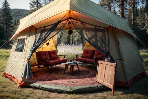 Camping tent reizen ontspannen rust tent opzetten in het bos