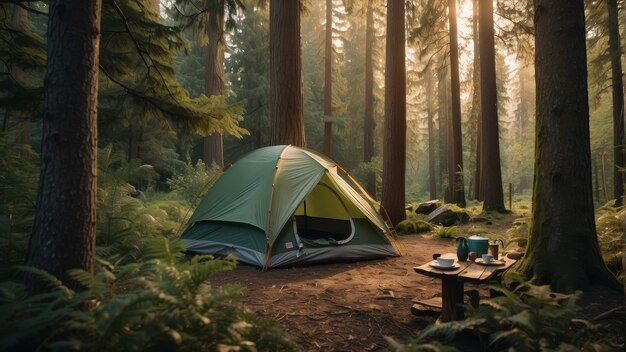 Camping tent set up in dense pine forest