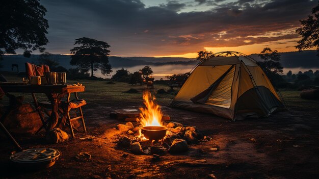 Photo camping and tent at sunset