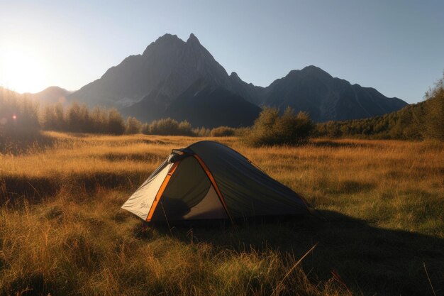 Camping tent with amazing view on mountain landscape at sunset Generative AI