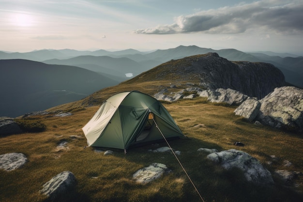 Camping tent with amazing view on mountain landscape at sunset Generative AI