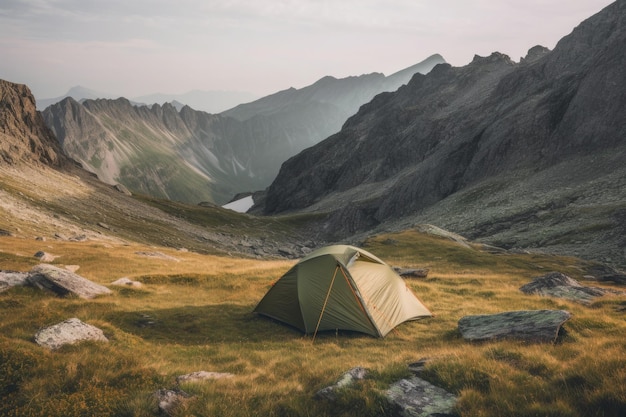 Camping tent with amazing view on mountain landscape at sunset Generative AI