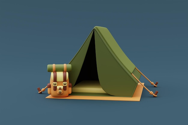 camping tent with backpack isolated on blue background for Summer camp,holiday vacation concept.minimal style.3d rendering.