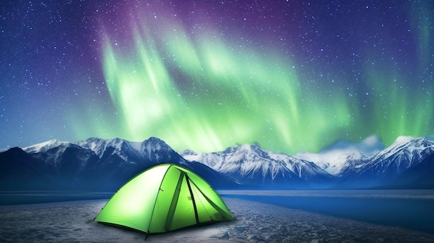 Camping tent with light inside under starry sky with northern lights ai generated