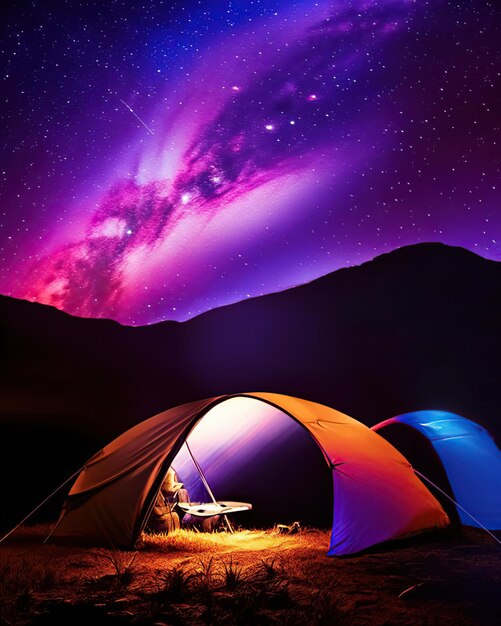 Camping tent with starry sky constellations beautiful landscape