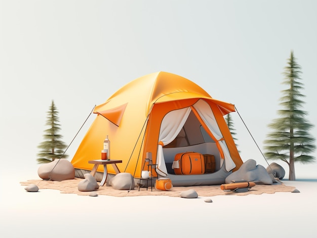 Camping tent with travel equipment 3d illustration