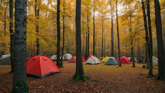 Camping tents in misty autumn forest