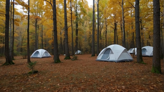 霧の秋の森のキャンプテント
