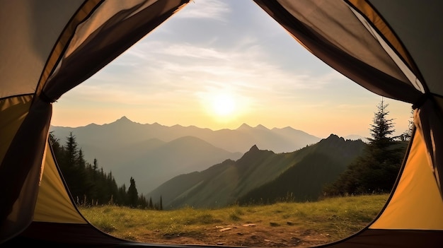 Camping tents in a mountain valley scenic mountain view from the tent