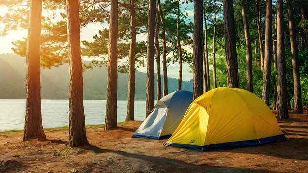 Photo camping tents under pine trees with sunlight at pang ung lake mae hong son in thailand