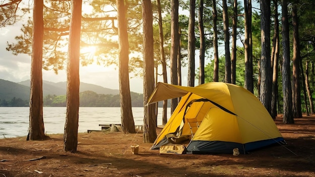 태국 의   호수 에 있는 소나무  에서 빛 을 받는 캠핑 텐트