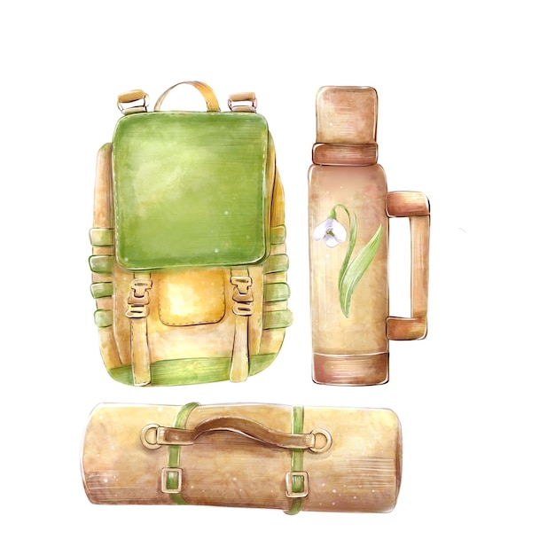 Camping or tourism watercolor set backpack lantern sleeping bag bottle knife and rope isolated on white background Hand drawn illustration