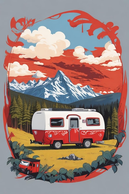 Camping trailer on the background of the mountains