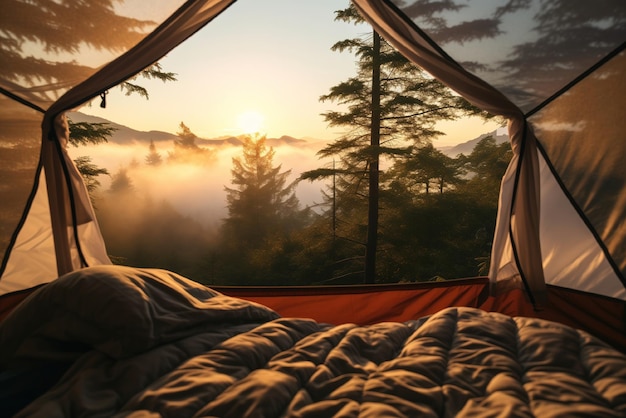 Photo camping travelling mountain view inside out entrance tent sunset wildlife tracking romantic forest