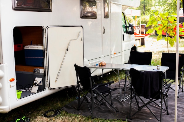 Photo camping van with table and chairs